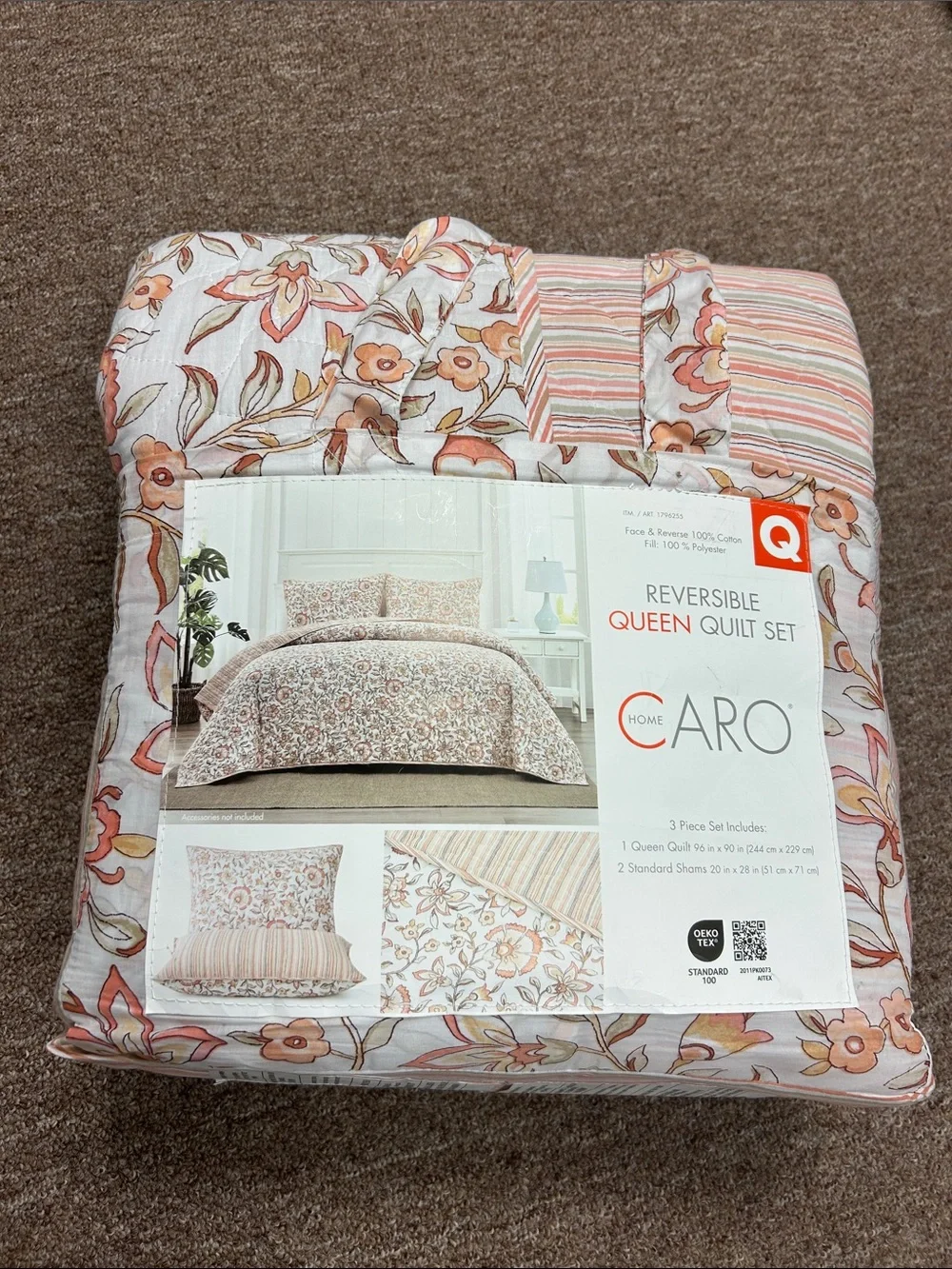 Peach Floral Reversible Queen Quilt Set